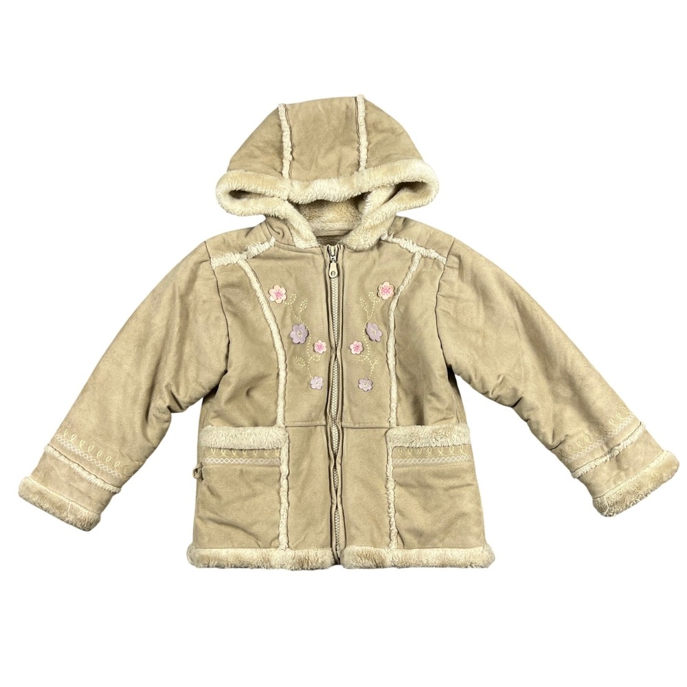 Kids Girls Fleece Lined‎ Suede Like Hooded Jacket Size M 5/6 Tan Floral Vintage